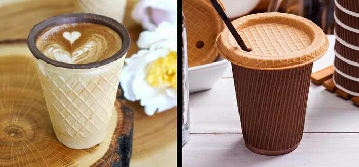 Кофе в съедобном стаканчике. Съедобные стаканчики для кофе. Вафельный стаканчик. Кофе в шоколадном стаканчике. Фавельный кофейный стаканчик.