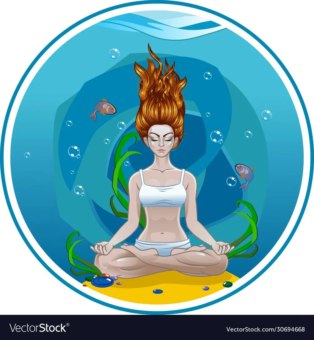 Девушка медитирует рисунок. Медитация под водой. Девочка медитация рисунок. Медитация картинки мультяшные. Рыба йог