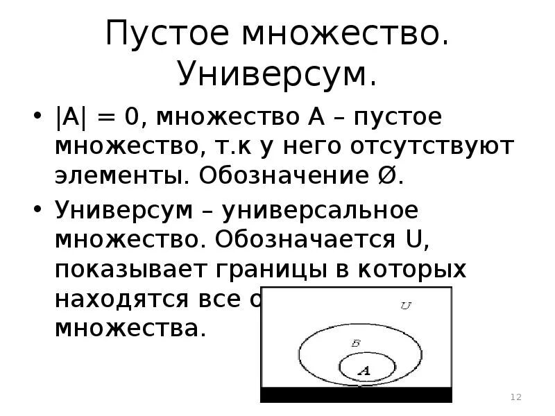 Множество элемент множества пустое множество. Универсум дискретная математика. Универсум множества. Универсальное множество. Пустое множество дискретная математика.