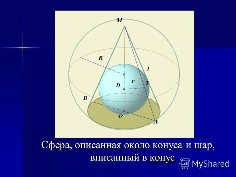 В шар вписан конус основания 10