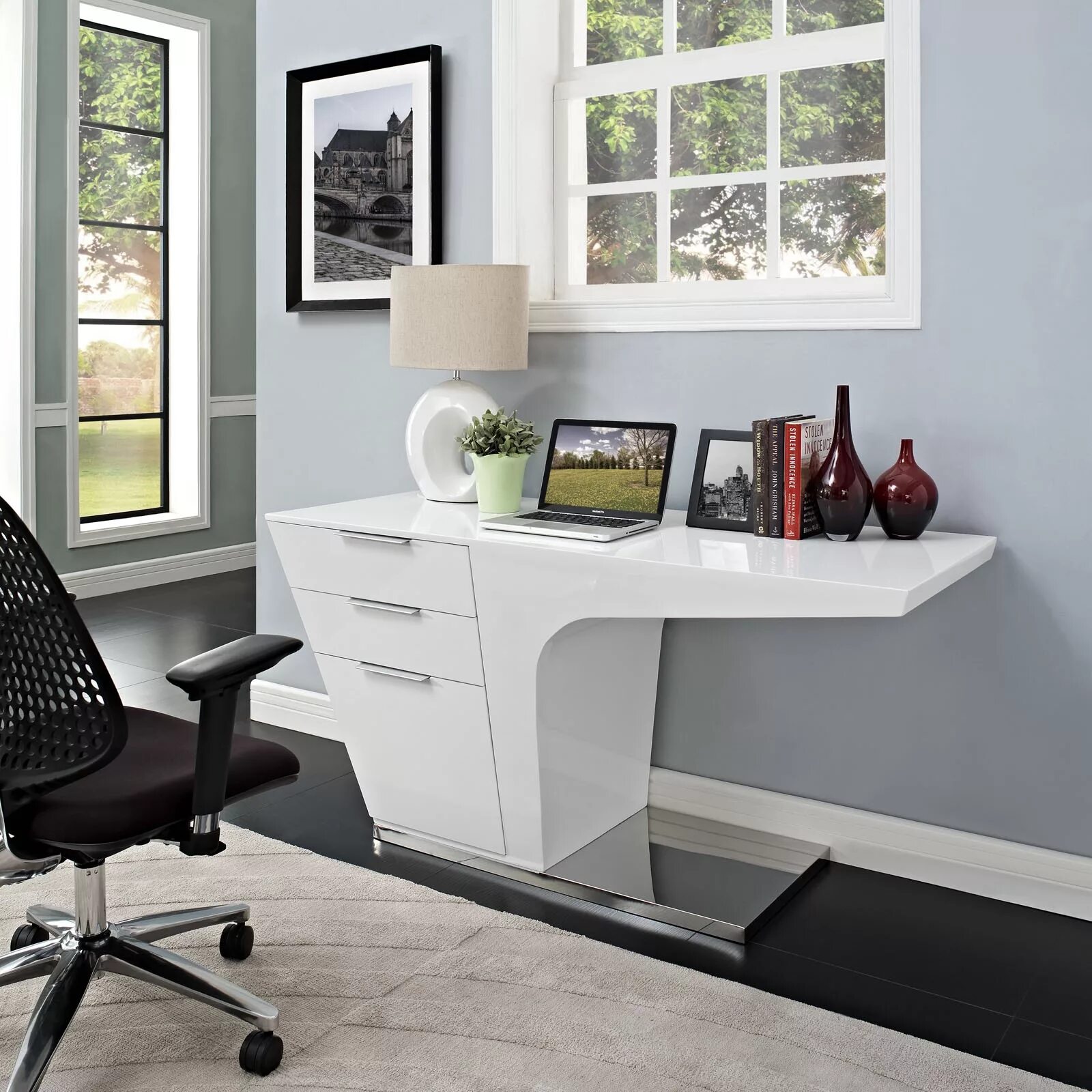 Фото письменных. Стол компьютерный Homeoffice (белый, 1200х550х964 мм). Современный письменный стол. Дизайнерский письменный стол. Креативный письменный стол.
