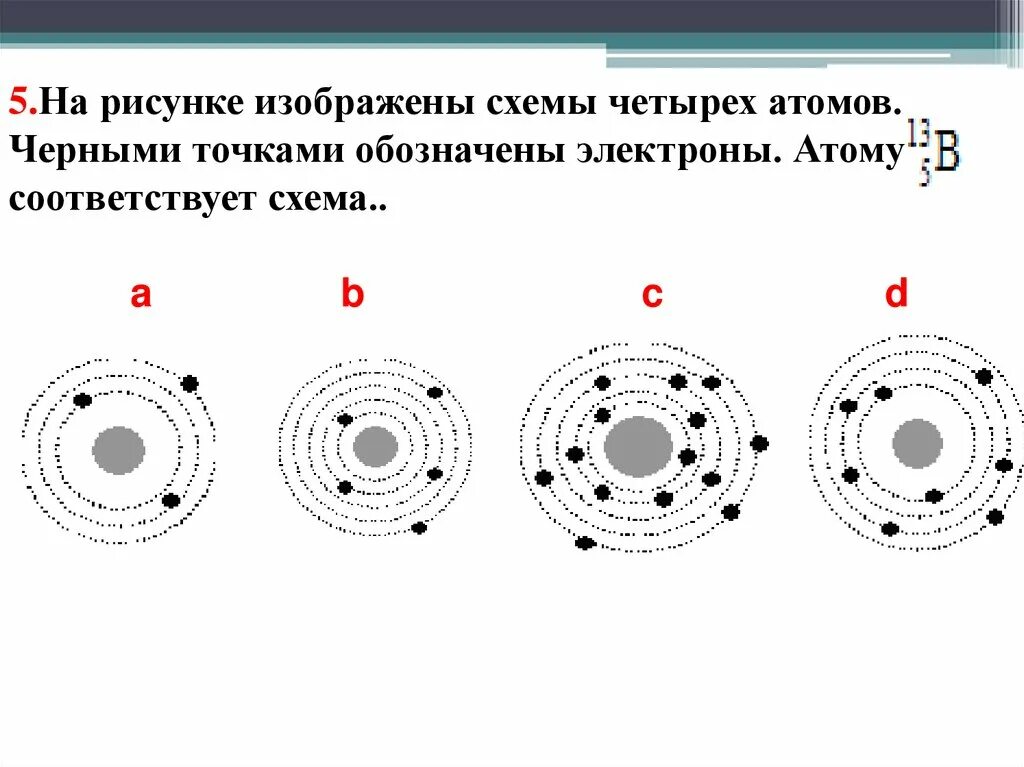 На рисунке изображены схемы четырех атомов черными. Какая схема соответствует атому Бора. Атому 13b5 соответствует схема. Атом 13 5 b схема. Атому 13 в 5 соответствует схема.