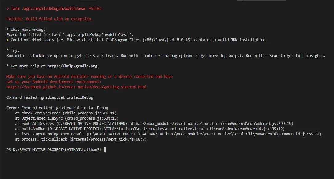 Command failed to execute. React native error. command failed. execute failure. failed to run decompiliation command. check your configuration. {&quot;code&quot;:1,&quot;type&quot;:&quot;multi&quot;}.