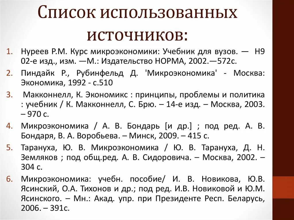 Как написать список источников