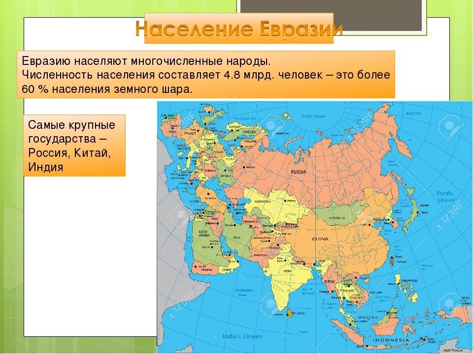 Какой материк является крупнейшим по численности населения. Карта евразии с территориями стран. наиболее крупные страны евразии на карте. самые большие по площади государства евразии. материк евразия географическая карта.