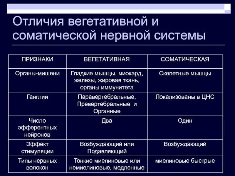 Строение отделов вегетативной нервной системы таблица. Центральный отдел вегетативной нервной системы таблица. Отличия соматической и вегетативной нервной системы таблица. Характеристика соматического отдела нервной системы. Соматический и вегетативный автономный отдел