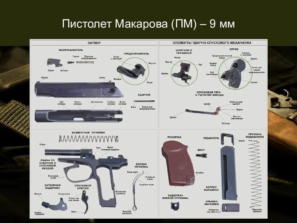 Комплектация ПМ 9 мм. Полная разборка ПМ В картинках. Полная разборка ПМ 9мм пистолета Макарова. 9 Пружин в ПМ 9мм Макарова. Как разобрать пм