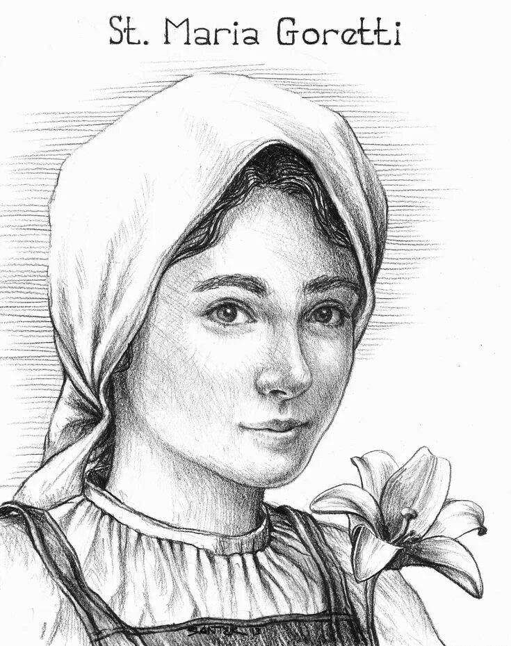 Икона Святая.Maria Goretti. Девушка в церкви рисунок.