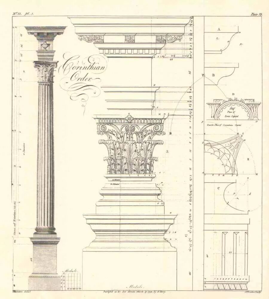 Построение ордеров. Колонна Коринфского ордера. Построение капители Коринфского ордера. Римско Коринфский ордер Капитель. Коринфский ордер по Палладио.