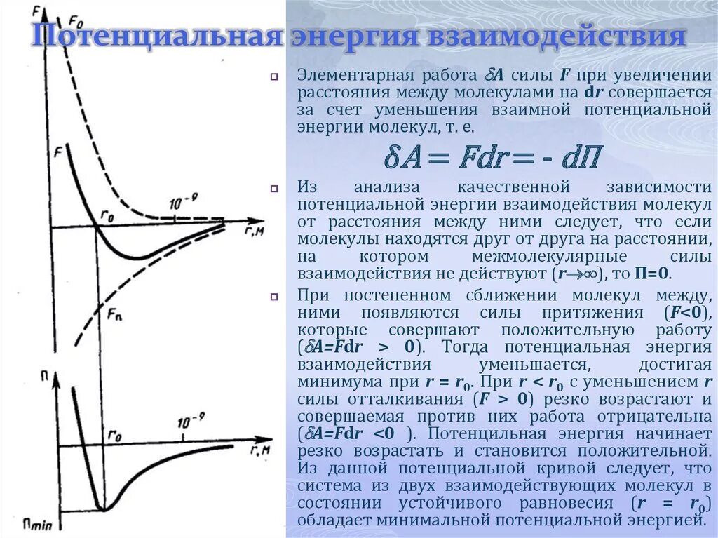 Тепловые взаимодействия молекул. График потенциальной энергии взаимодействия двух молекул. Зависимость энергии взаимодействия от расстояния между молекулами. Энергия взаимодействия м. Энергия взаимодействия молекул.