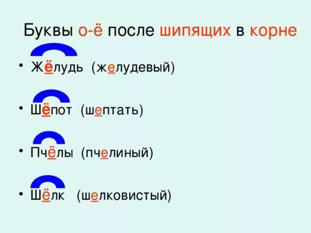 Орфограмма о ё после шипящих в корне слова. Слова с буквой ё в корне слова. Буквы ё о после шипящих в корне. Слова с буквой е в корне.