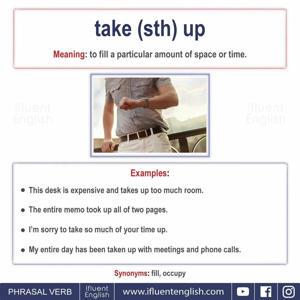 Take on meaning. Take up meaning. fluent english. take sth. fill sth up.