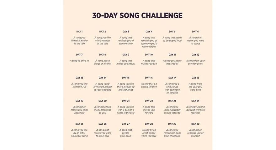 Музыкальный челлендж. 30 day challenge шаблон. 30 days song challenge list. song challenge instagram. месяц музыки челлендж.