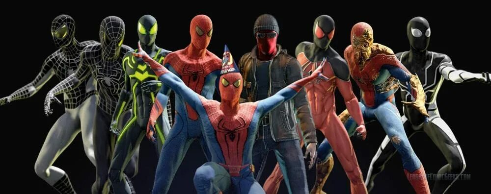 Человек паук несколько пауков. The amazing spider-man (игра, 2012). the amazing spider man игра 2012 костюмы. человек паук в разных костюмах. костюмы человека паука из игр.