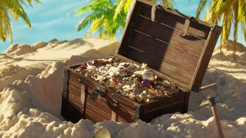 Take treasure. Сундук с кладом. Сундук в песке. Пляж и сундук с золотом. Клад в песке.
