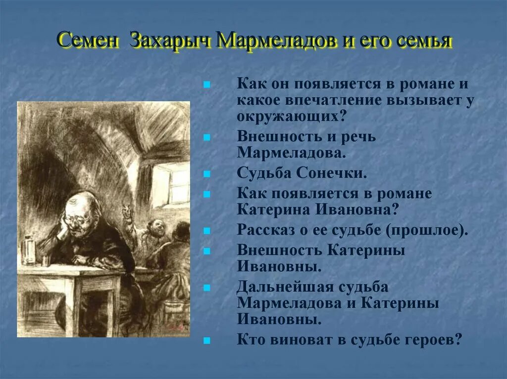 Судьба мармеладова в судьбе раскольникова сочинение. Портрет Мармеладова преступление и наказание.