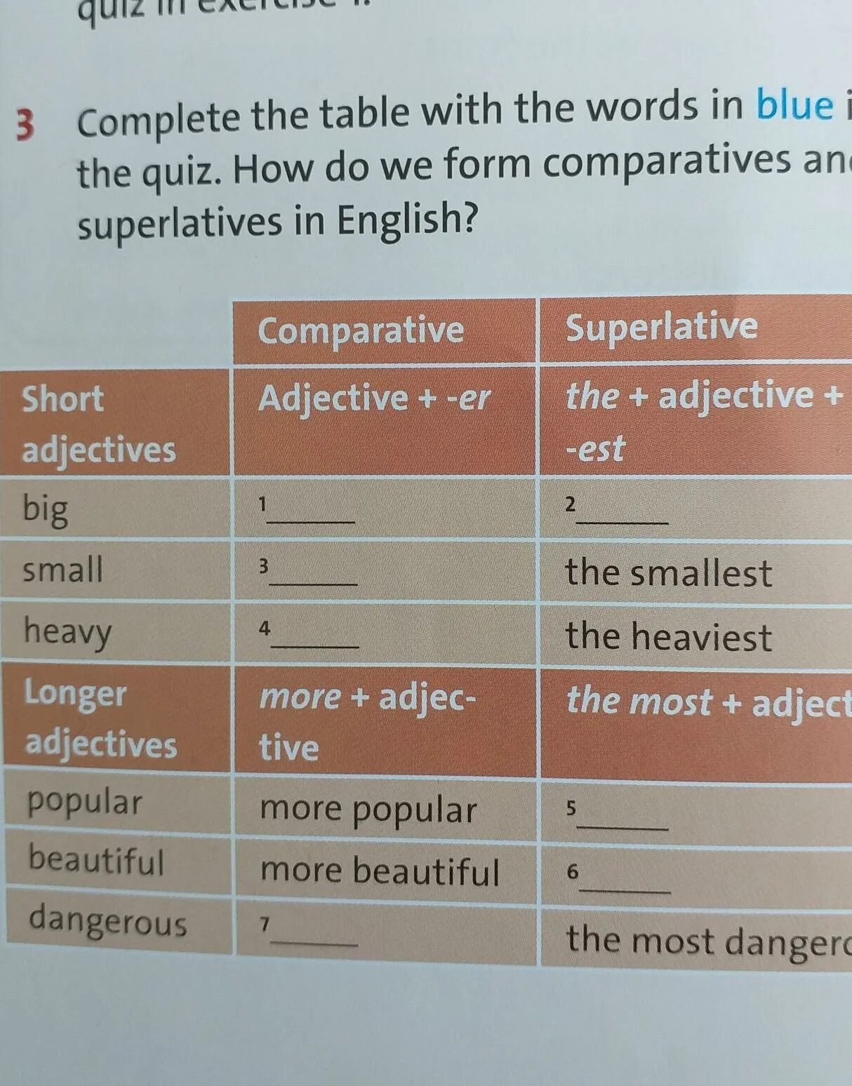 Complete the sentences with the comparative form. Comparatives complete the Table. Comparatives and Superlatives complete the Table. Complete the Table adjective. Complete the Table with the Words.