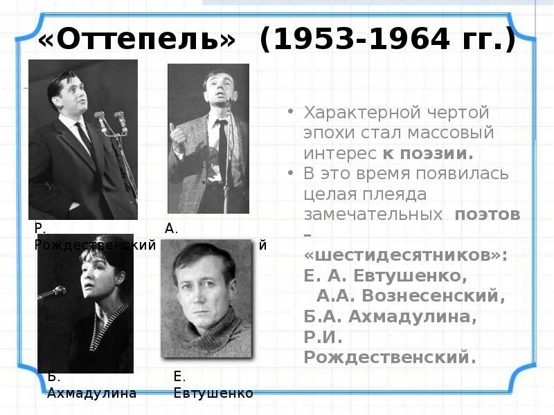 Оттепель 1953-1964. Поэты периода оттепели. Авторы периода оттепели. Поэты шестидесятники периода оттепели. Поэтическая оттепель