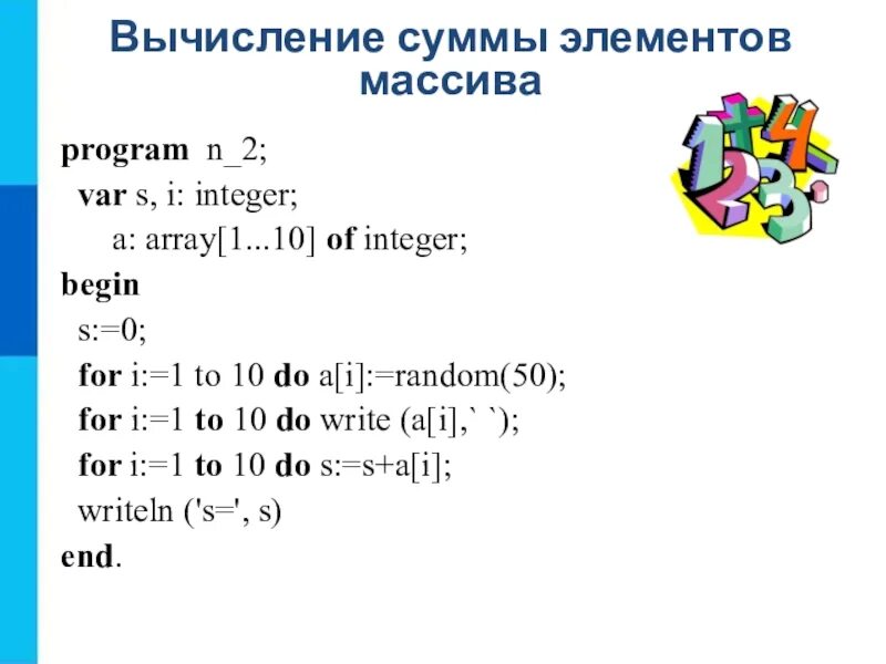 Сумма чисел в массиве c. Вычисление суммы элементов массива программа паскаль. вычисление суммы элементов массива pascal. сумма элементов массива паскаль программа. формула, для нахождения суммы элементов массива:.