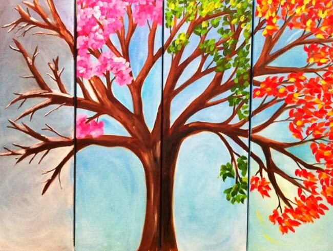 Времена года на дереве. Сезонное дерево на стене. Рисование на стене дерево времен года. Времена года 1 класс изо