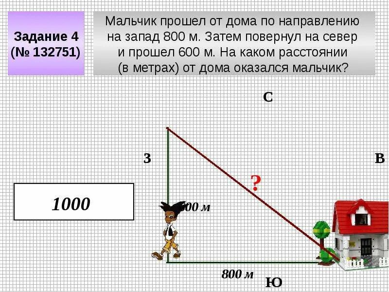 Практические задачи на теорему пифагора. Описание детских рисунков. Мальчик вышел из дому и прошел по прямым улицам сначала 2 квартала. Девочка прошла от дома по направлению на запад. Повернись на запад.