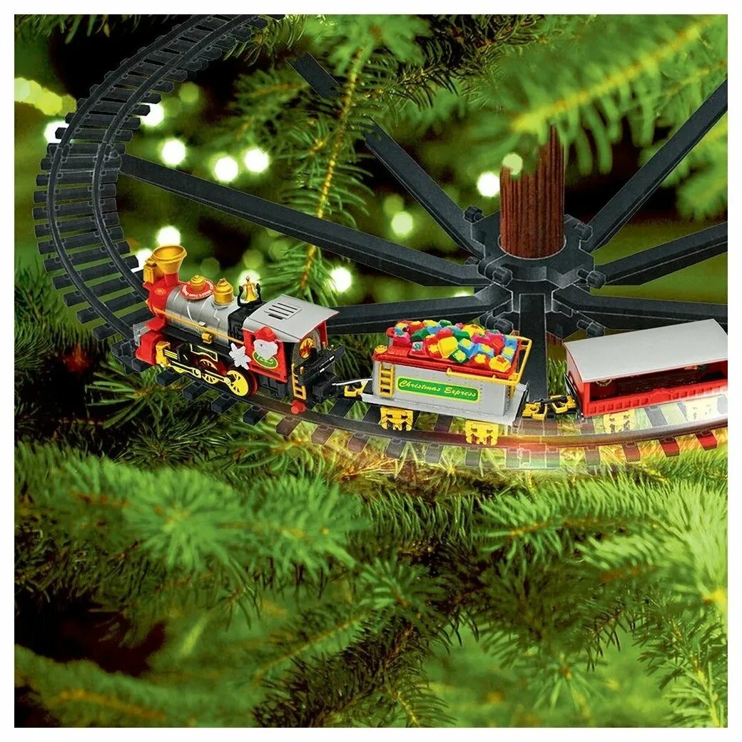 новогодняя железная дорога под елку. новогодняя игрушка паровозик. украшение елочное "паровоз". паровозик на елку на батарейках. новогодняя железная дорога под елку.