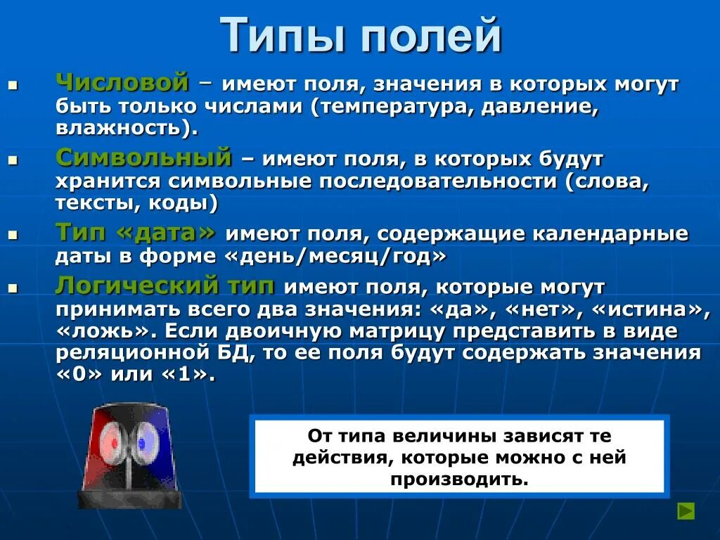 Тип поля числовой текстовой определяется. Тип числовой тип символьный. коды значения полей.