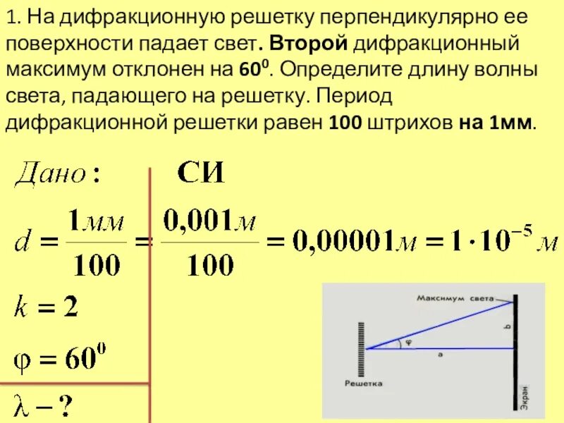 Дифракционная решетка задачи по теме. Задачи на дифракционную решетку с решением 11 класс. Задачи дифракционная решетка 11 класс формулы. Решение задач по рефракционной решетке.