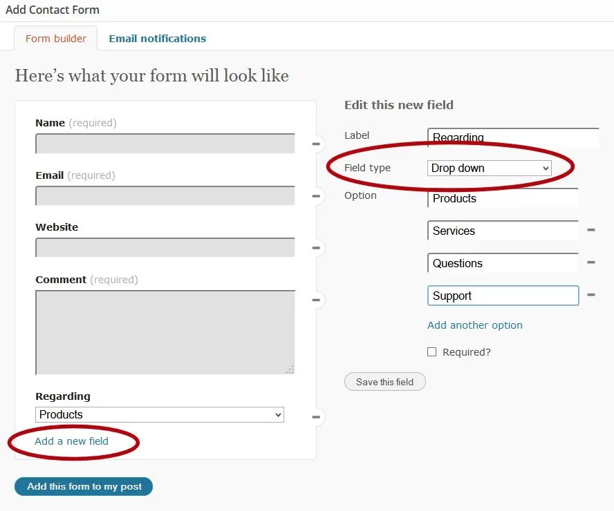 Add format. Add contact. Dropdown field. Add New comment. Pre-contact form example.