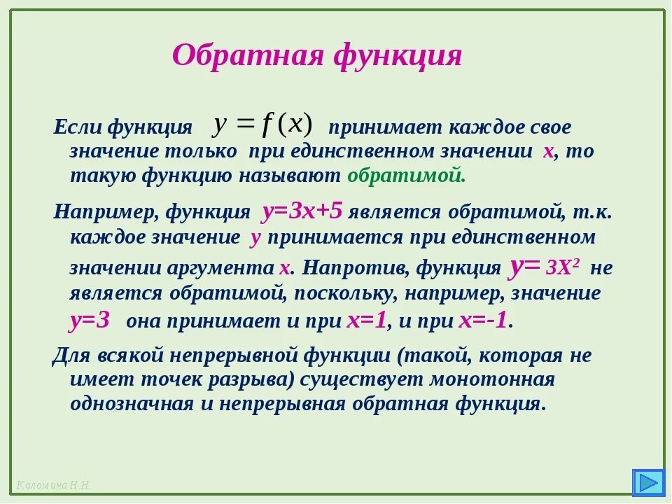 Определение обратной функции. Понятие функции Обратная функция. Дать определение обратной функции. Теория взаимно обратные функции.