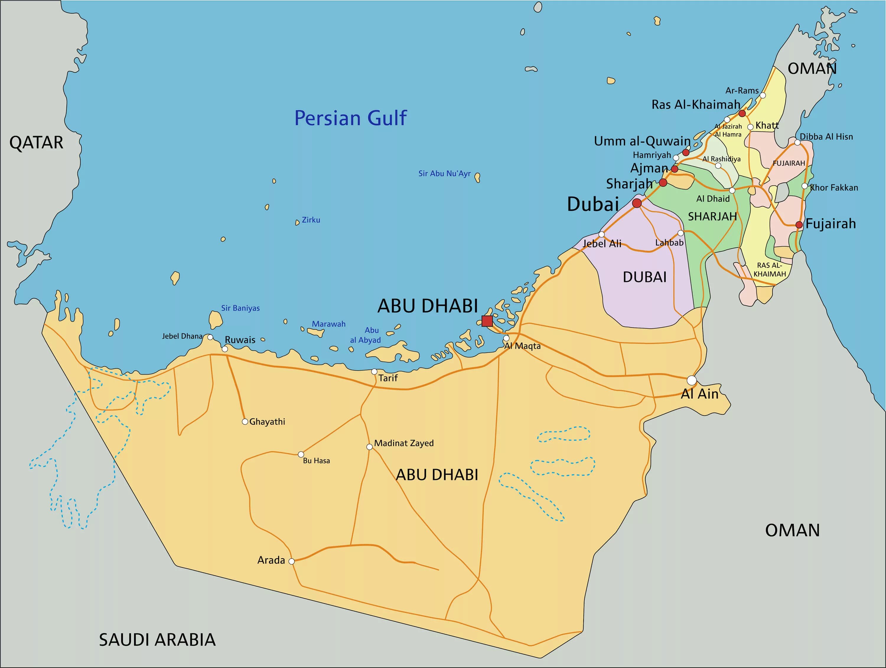 Дубай страна материк. Объединённые арабские эмираты на карте. Карта ОАЭ С Эмиратами. Объединенные арабские эмираты политическая карта.