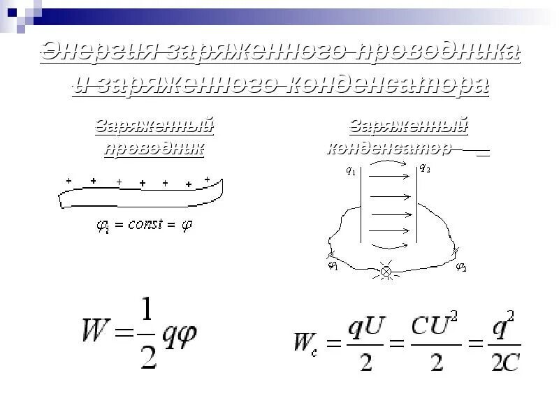 5. Энергия заряженного проводника, конденсатора. Энергия заряженного проводника вывод формулы. Электроемкость проводника и конденсатора. Энергия заряженных конденсаторов и проводников.