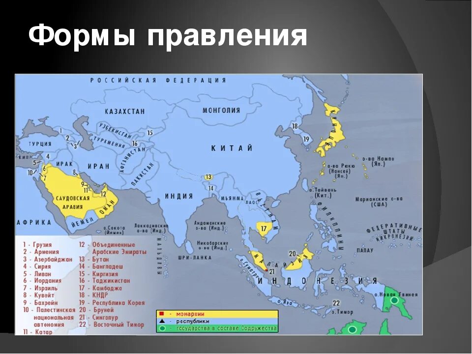 Определите страны монархии форма правления. Формы правления стран Азии. Карта Азии монархии и Республики. Формы правления стран зарубежной Азии. Монархии и Республики зарубежной Азии на карте.