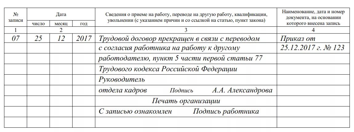 Перевод к другому работодателю срок перевода. Запись в трудовой об увольнении переводом к другому работодателю. Запись в трудовой книжке перевод к другому работодателю. Увольнение переводом в другую организацию запись в трудовой. Запись в трудовую при увольнении переводом в другую организацию.