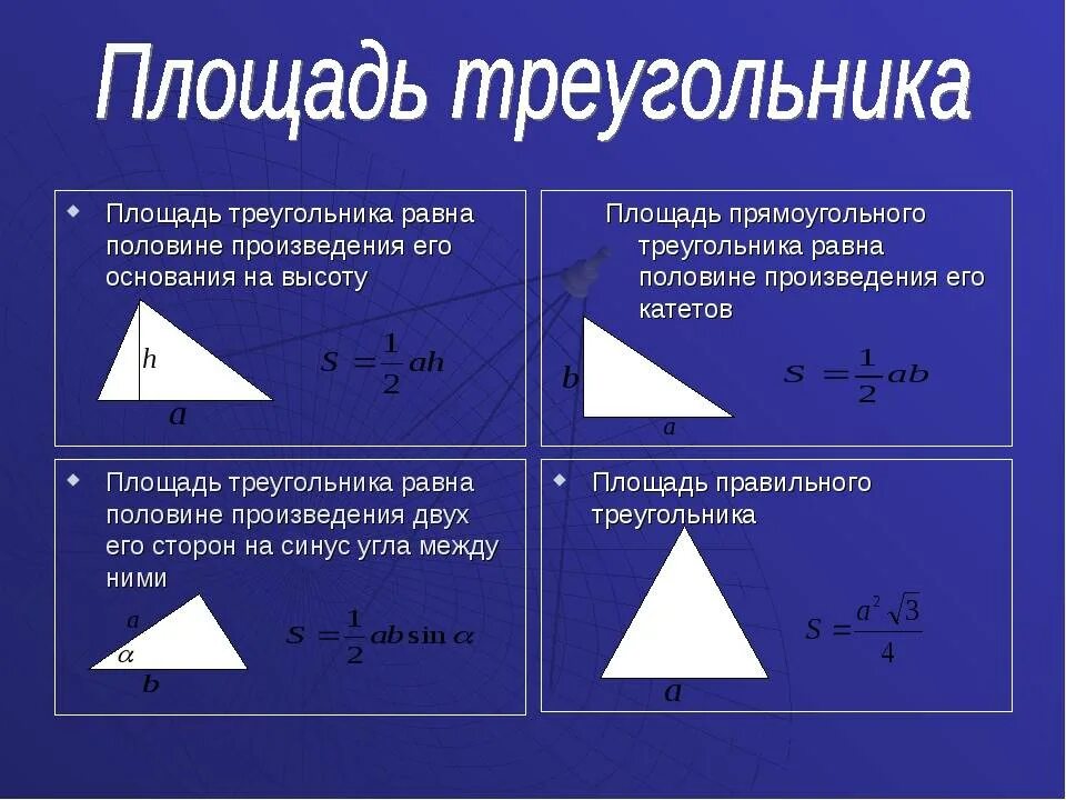 Чему равна площадь треугольника. Как посчитать площадь треугольника. Формула расчета площади треугольника. Формула нахождения площади треугольника. Формулы для вычисления площади треугольника.