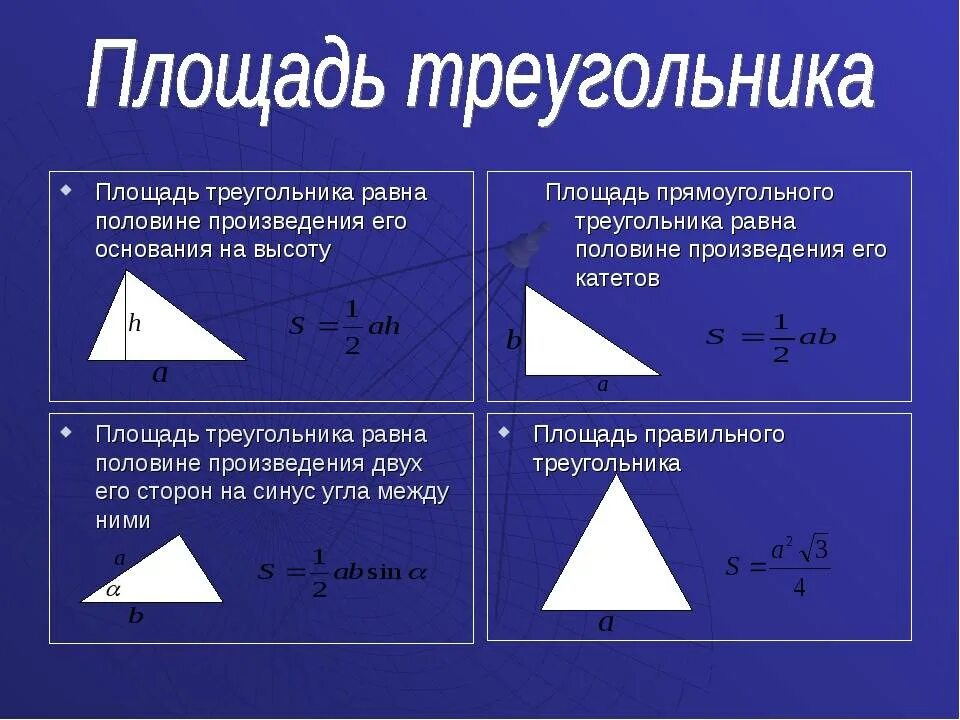 Среди треугольников есть прямоугольные. Как посчитать площадь треугольника. Формула расчета площади треугольника. Формулы нахождения площади разных треугольников. Формулы для вычисления площади треугольника.