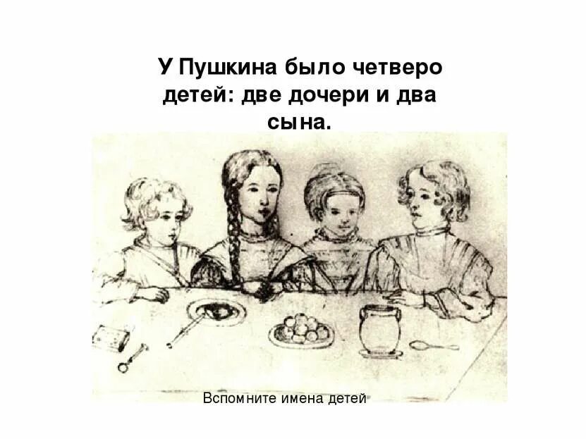 У Пушкина было четверо детей:. Жена и дети Пушкина. Пушкин его жена и 4 детей. У Пушкина были дети. Должно быть четверо