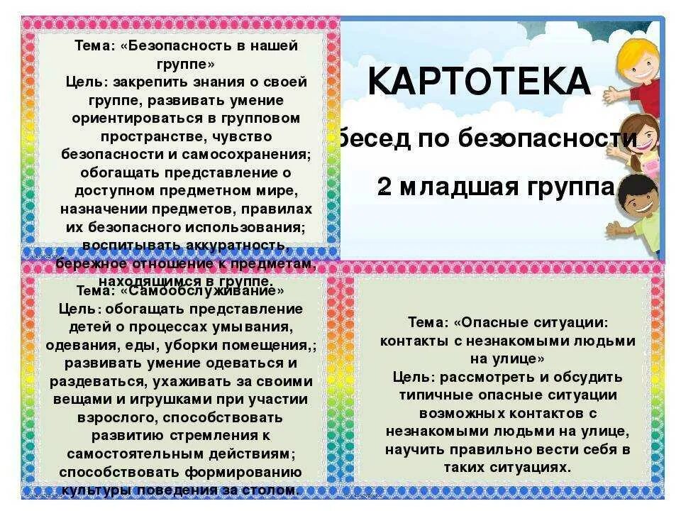 Группе картотека. Беседы с детьми младшей группы. Картотека бесед по безопасности. Беседы с детьми во второй младшей группе. Картотеки беседы для детей.