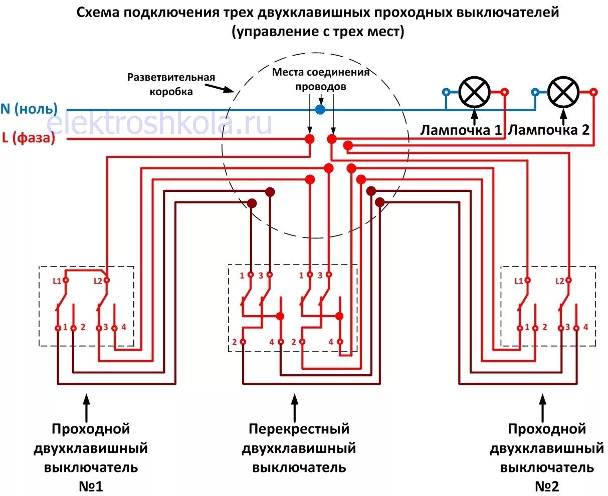 Три двухклавишных проходных выключателя. Схема подключения 2 двухклавишных проходных выключателей. Схема подключения двухклавишного переключателя с трех мест. Проходной двухклавишный выключатель с 3 мест схема подключения. Схема подключения проходного и перекрестного выключателя с 3х мест.