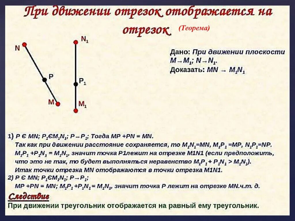 Любое движение является наложением. Понятие движения геометрия теорема. Отображение отрезка на отрезок. При движении отрезок отображается на отрезок. Доказательство теоремы при движении отрезок отображается на отрезок.