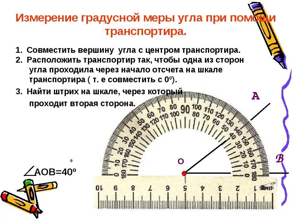 Как измерить градус угла. Как измерять градусы транспортиром у угла. Как определить сколько градусов угол. Как определить угол.