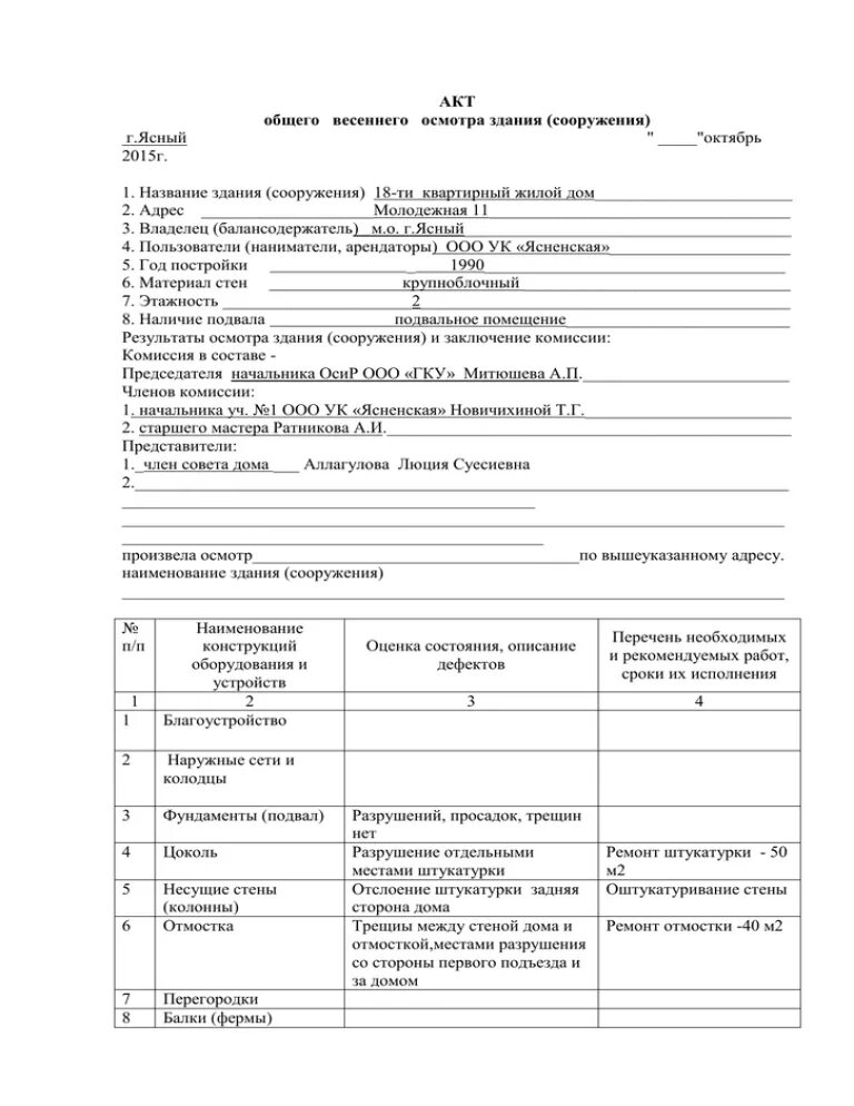 Акты весеннего и осеннего осмотра зданий и сооружений. Акты осеннего осмотра зданий и сооружений образец. Акт весеннего осмотра зданий и сооружений образец. Образец заполнения весеннего осмотра зданий и сооружений.