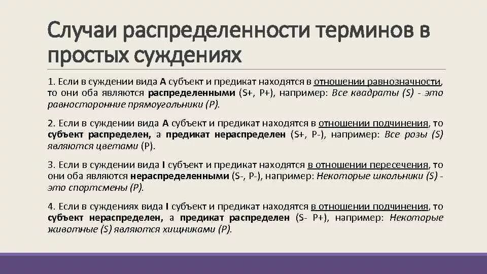 Установите распределенность терминов. Субъект не распределен предикат не распределен. распределенность терминов в суждениях. субъект распределен, предикат нераспределен. субъект и предикат не распределены.
