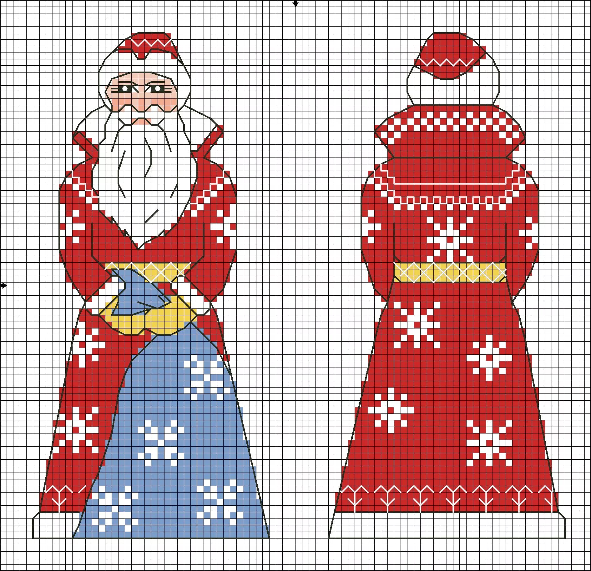Схема дед мороза. Вышивка дед Мороз и Снегурочка. Вышивка крестом дед Мороз. Рисунки по клеточкам новогодние. Двусторонние вышитые игрушки.