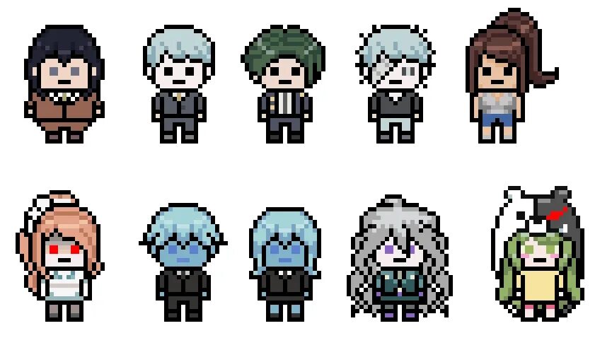 Sprite pixel art. Пиксельные персонажи данганронпы 2. пиксельные персонажи данганронпа монако. данганронпа pixel. данганронпа пиксель спрайты.