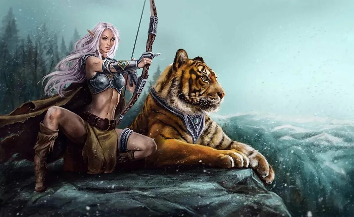 Selfless warrior. Эльфийка с тигром. Рисунки фэнтези. Воительница. Девушка с тигром фэнтези.