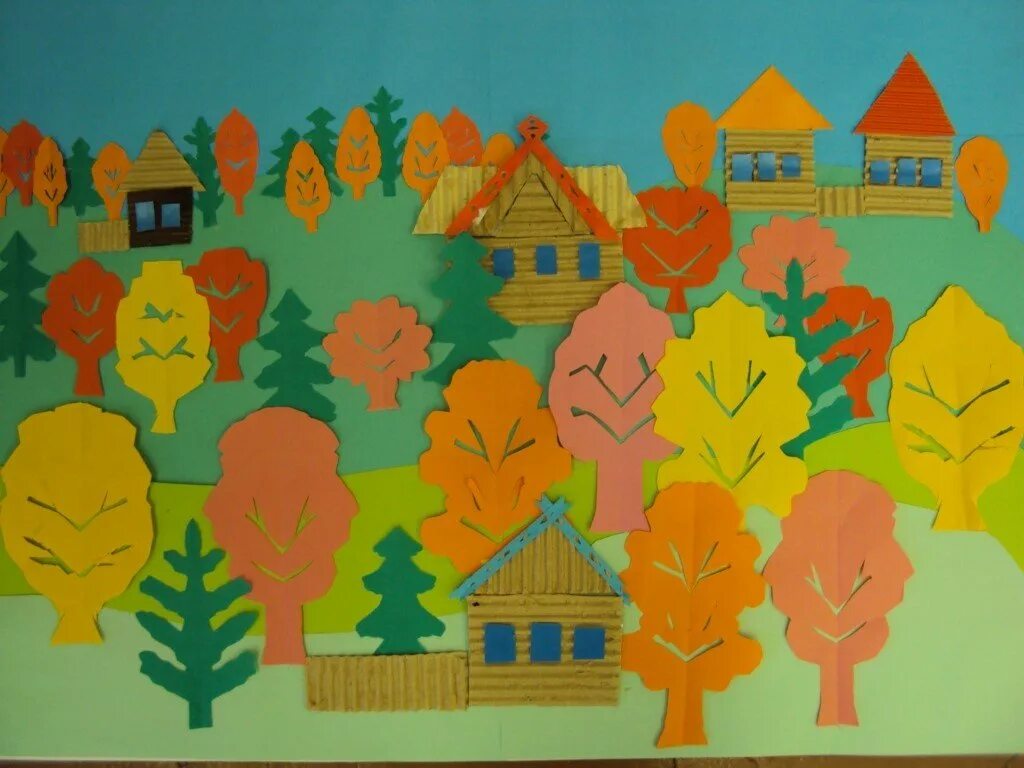 Коллективная творческая работа с детьми. Город аппликация из бумаги. Коллективное панно 4 класс. Коллективная творческая работа. Деревня — деревянный мир.