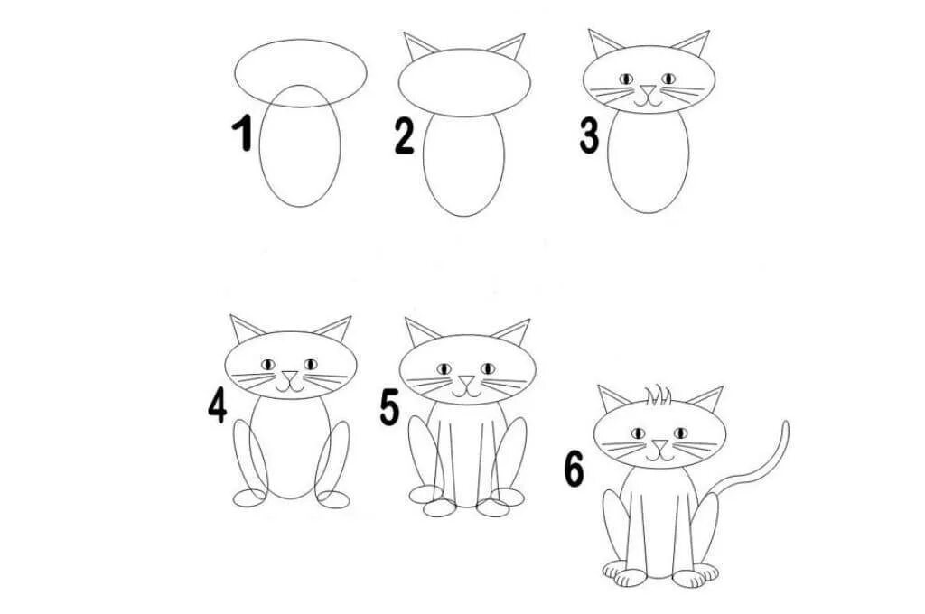 Схема рисования кошки. Поэтапное рисование кошки. Поэтапное рисование кота для детей. Поэтапное рисование кошки для дошкольников. Как красиво рисовать котиков