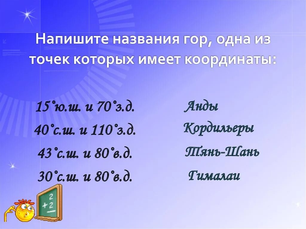 Координаты 5 гор. Географические координаты. Координаты гор Анды. Гора Анды координаты широта и долгота. Географические координаты горы.