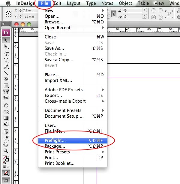 Файл INDESIGN. Preflight INDESIGN. INDESIGN file menu. Ошибка в файле ИНДИЗАЙН.